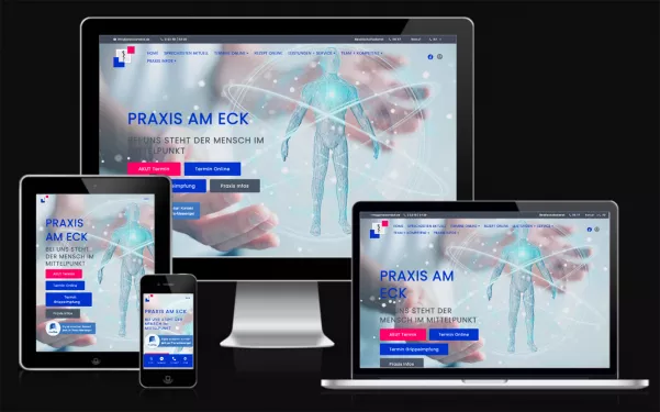 Website der Praxis am Eck auf Desktop, Laptop, Tablet und Smartphone