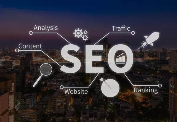 Darstellung einer SEO-Analyse mit Content, Traffic, Website und Ranking