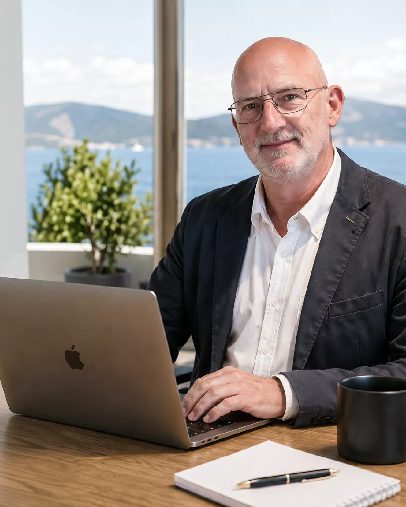 Wolfgang arbeitet mit Laptop und Notizbuch an einem Schreibtisch mit Meerblick