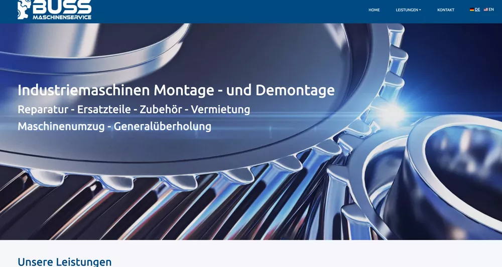 Unternehmenswebsite von Buss Maschinenservice für Zahnradschleifmaschinen und weltweiten Industrieservice