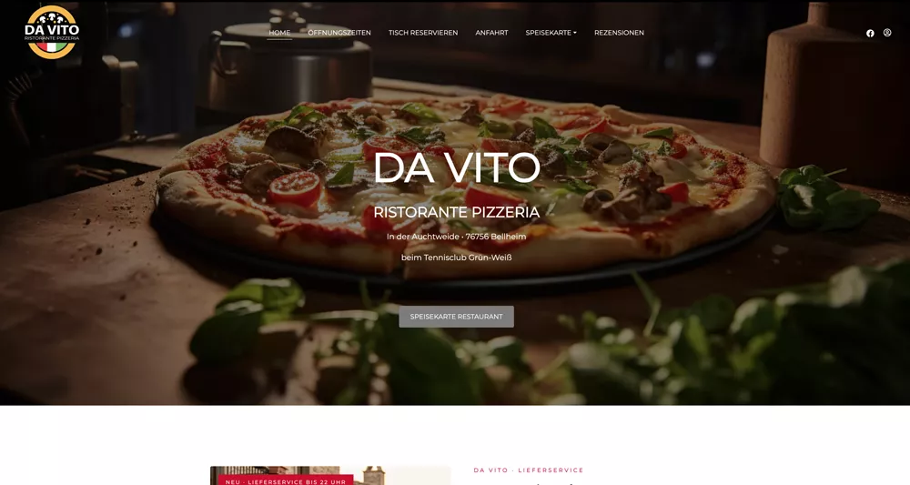 Website und digitale Speisekarte der Pizzeria Da Vito in Bellheim
