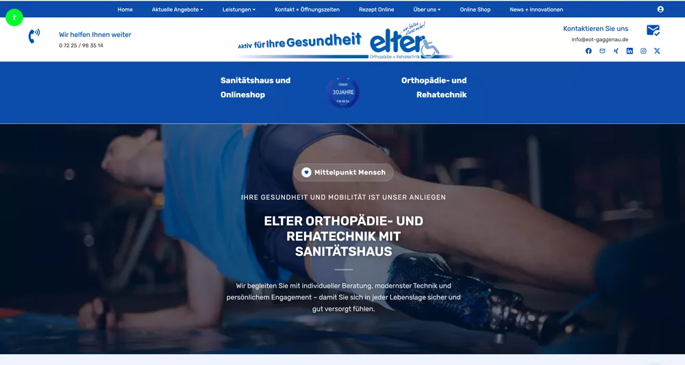 Website von Elter Reha- und Orthopädietechnik in Gaggenau mit Sanitätshaus, Onlineshop und Elektromobilität