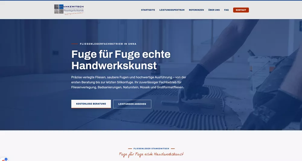 Website von Fliesenleger Stankewitsch in Unna mit horizontaler Leistungsdarstellung