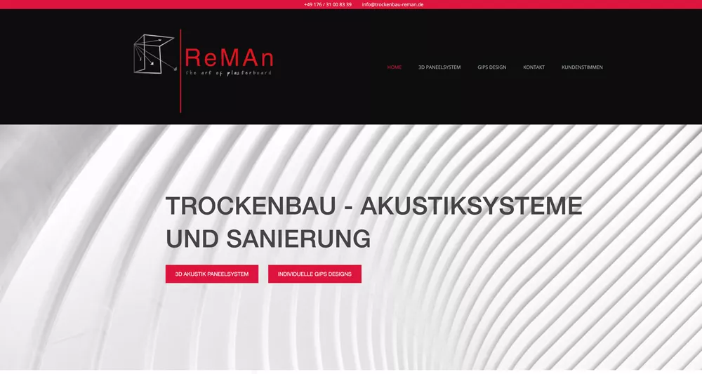 Individuelle Website von Reman Trockenbau mit speziell gestalteten Hintergründen