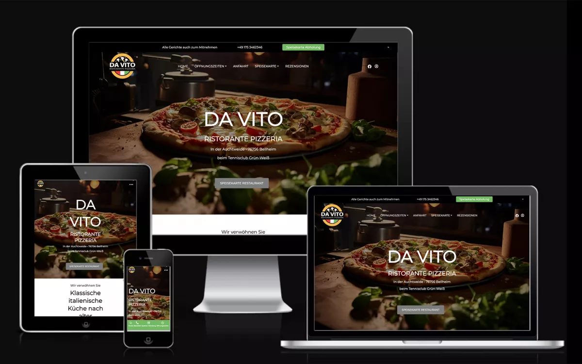 Bild zeigt die Website von DA VITO Pizzeria in Bellheim, Pfalz